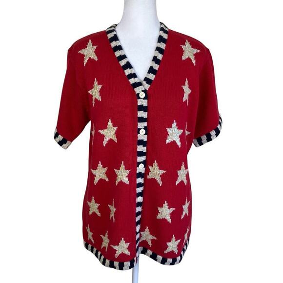 Quacker Factory Vtg USA Flag Short Sleeve Sweater Cardigan Sequins Stars Sz S - Picture 6 of 15